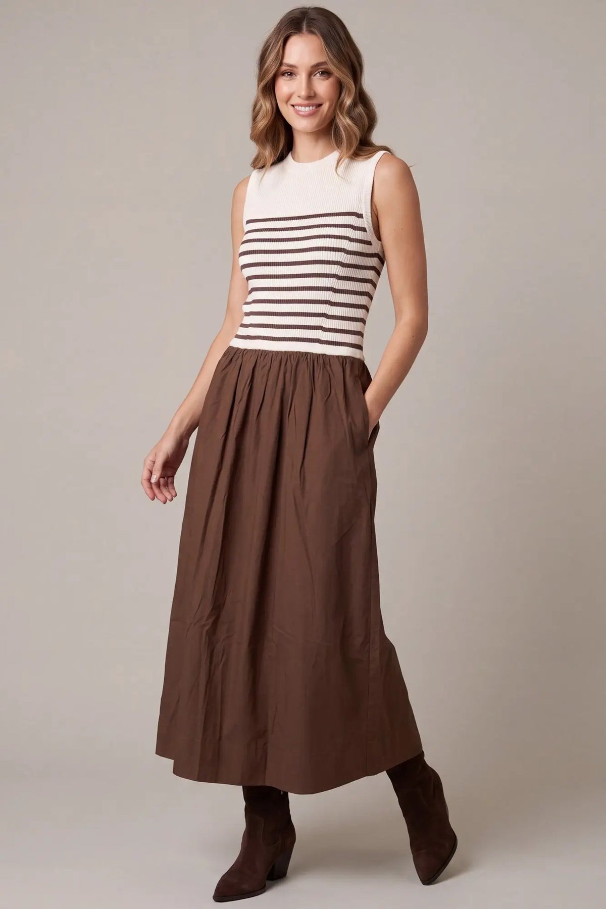 Sleeveless Striped Knit And Woven Combo Maxi Dress