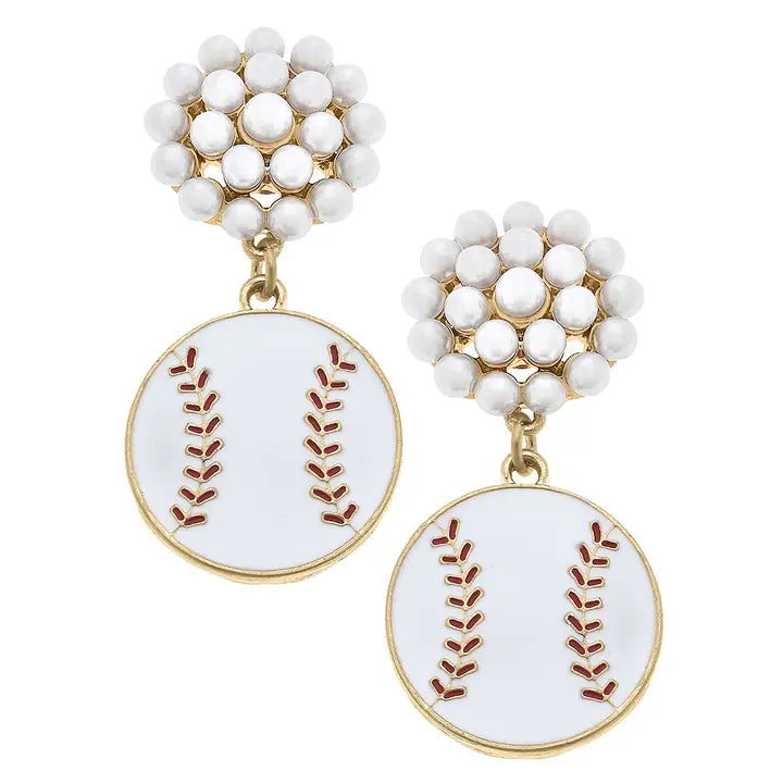 Baseball Pearl Cluster Enamel Drop Earrings in White & Red The Happy Southerner
