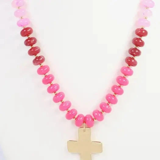 Berkeley Stone Beaded Cross Necklace Pink The Happy Southerner