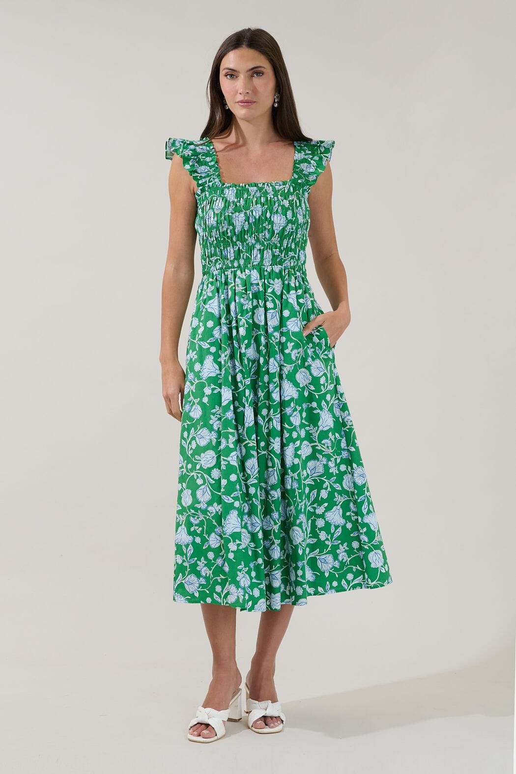 Heidi Smocked Midi Dress Mist Floral The Happy Southerner
