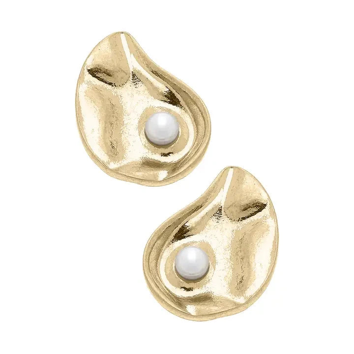 Helene Oyster & Pearl Stud Earrings in Shiny Gold The Happy Southerner