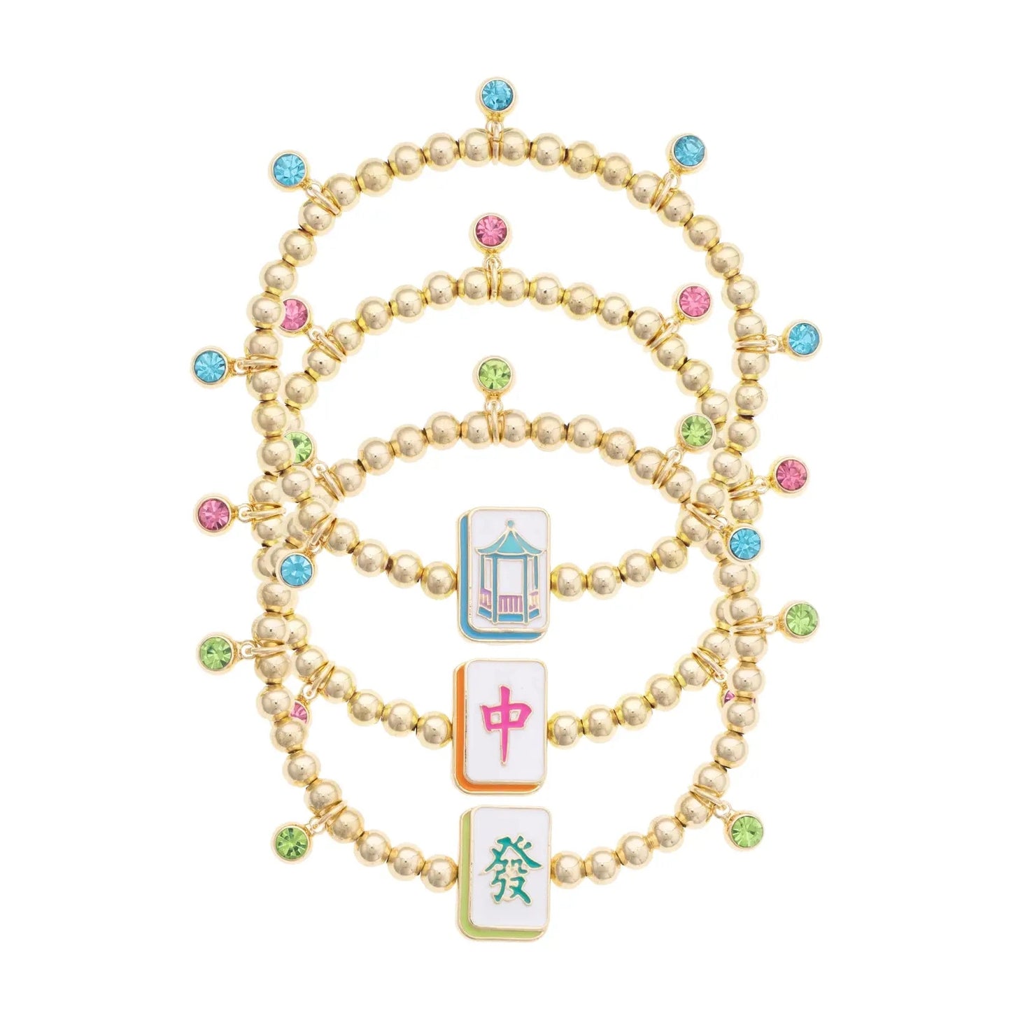 Mahjong Lucky Charms Ball Bead Bracelet Set of 3 in Gold The Happy Southerner