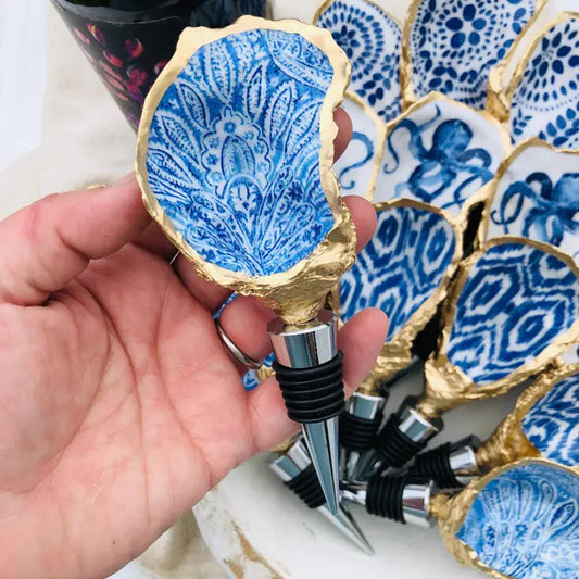 Oyster Shell Wine Stopper--Blue Paisley The Happy Southerner