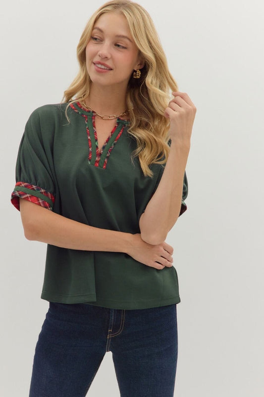 Plaid Trim Top - Evergreen The Happy Southerner