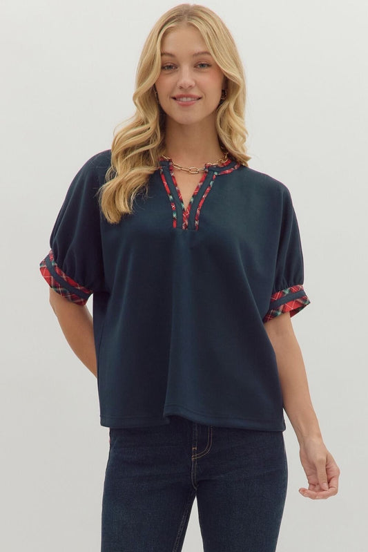 Plaid Trim Top - Navy The Happy Southerner
