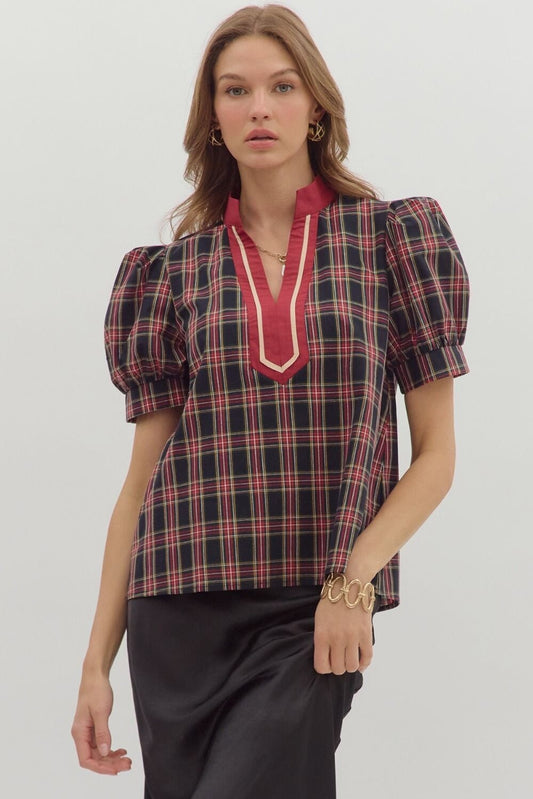 The Charleston Plaid Puff Sleeve Top The Happy Southerner