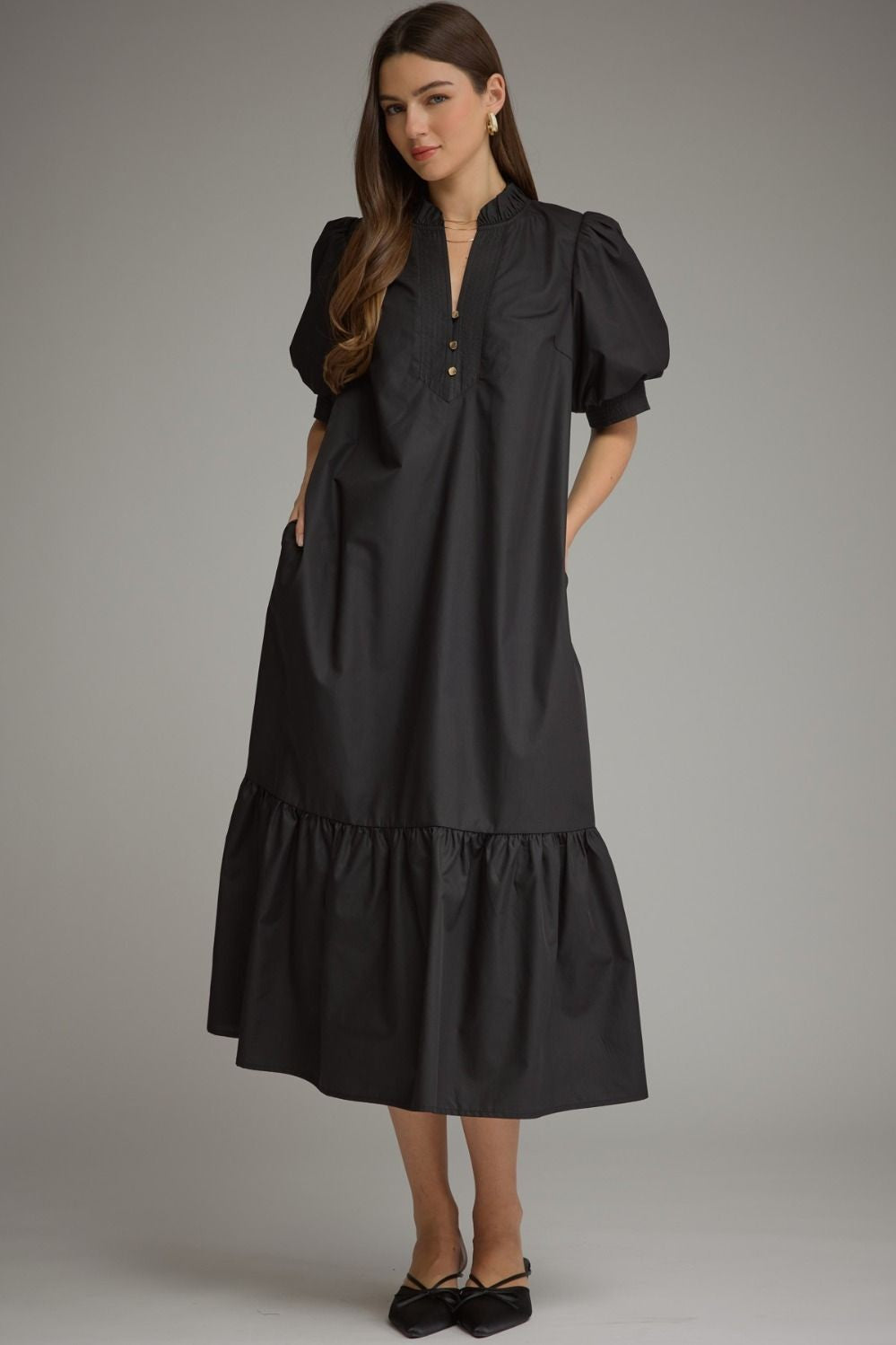 Solid Short Puff Sleeve Midi Dress