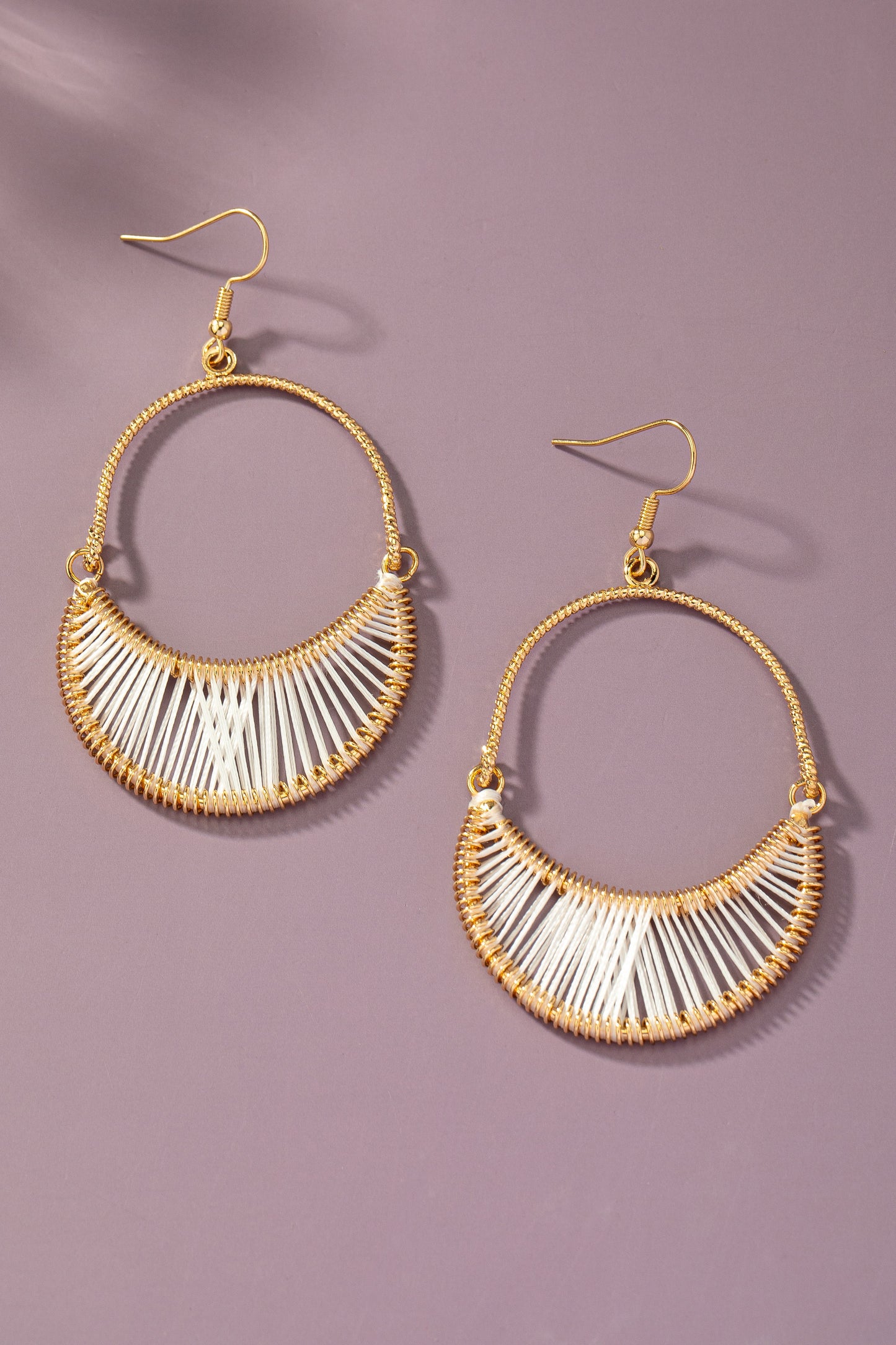 White woven drop hoop earrings