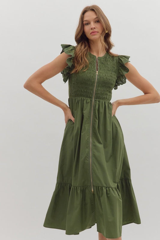 Olive Grove Ruffle Midi Dress