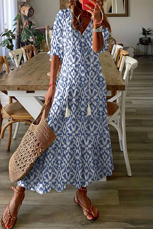 Blue Geometric Print Casual V Neck Maxi Dress