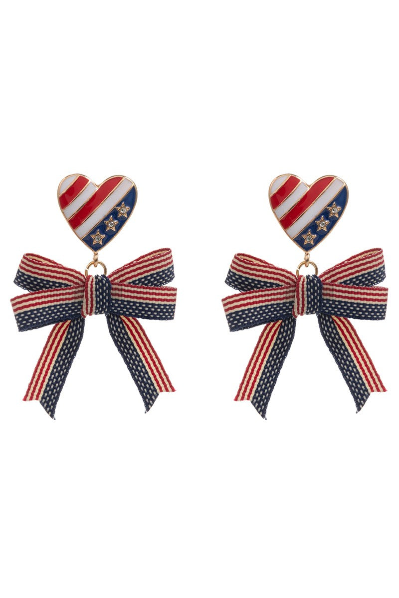 US Flag Bow Enamel Heart Earrings