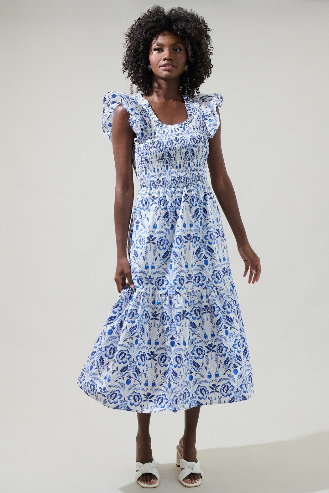 Blue & White Smock Tiered Midi Dress