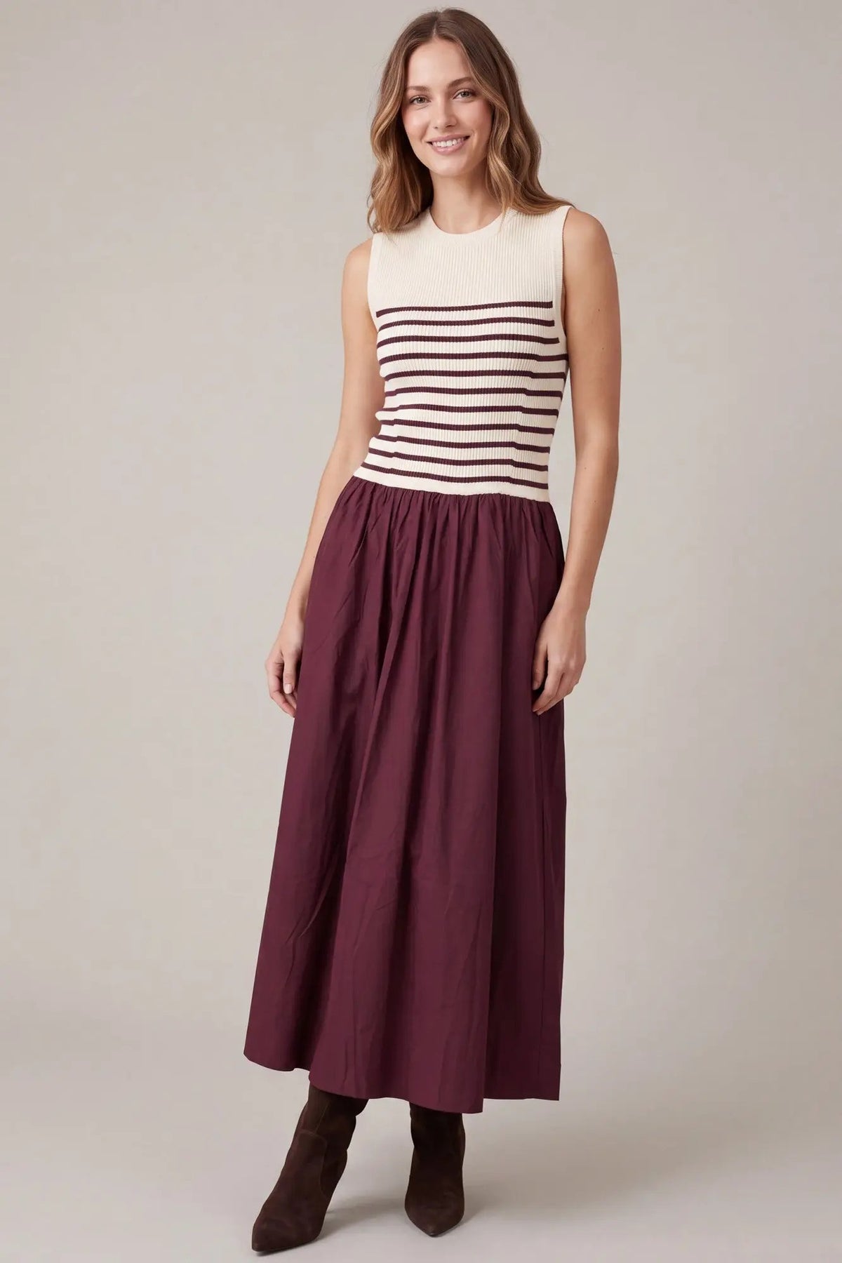 Sleeveless Striped Knit And Woven Combo Maxi Dress