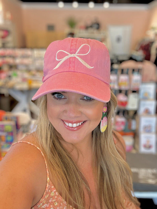 Bow Embroidered Cotton Baseball Cap - Pink The Happy Southerner 