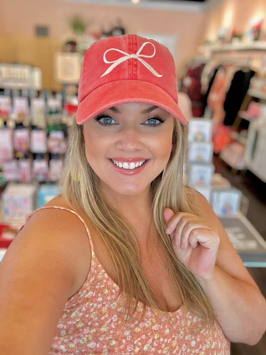 Bow Embroidered Cotton Baseball Cap - Red The Happy Southerner 