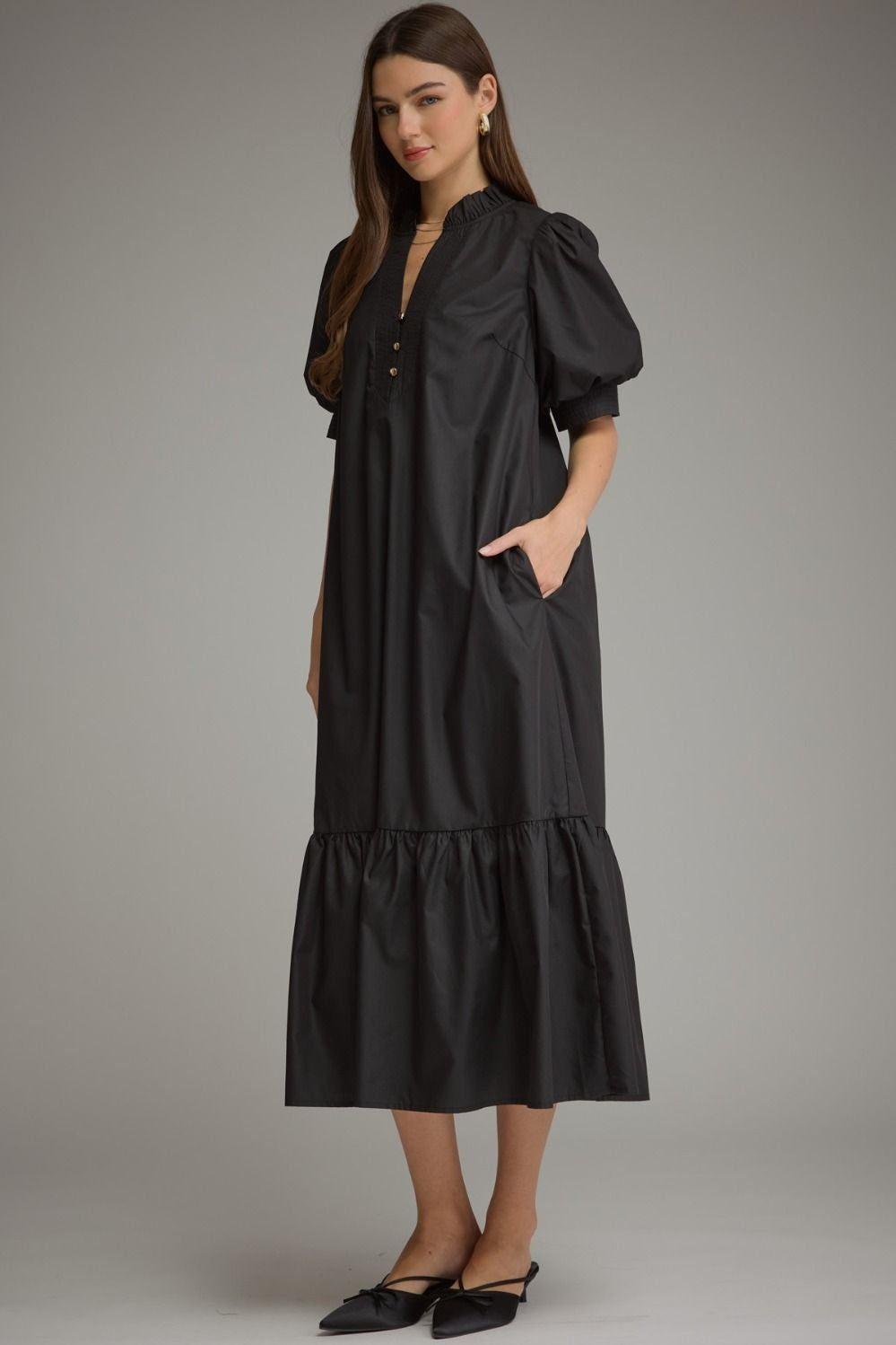 Solid Short Puff Sleeve Midi Dress