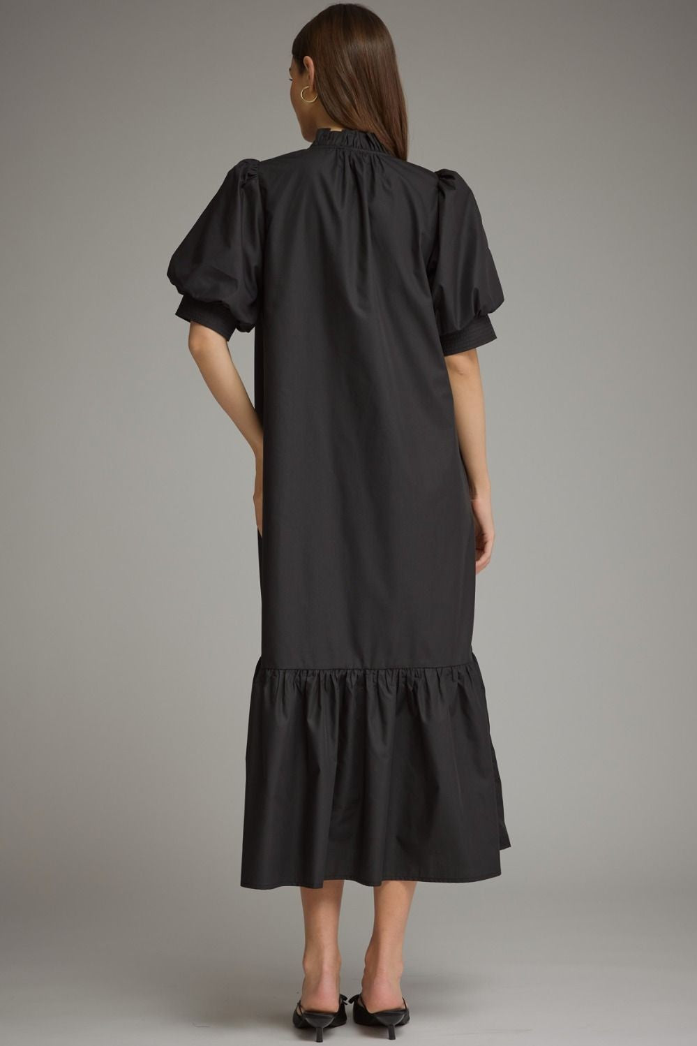 Solid Short Puff Sleeve Midi Dress