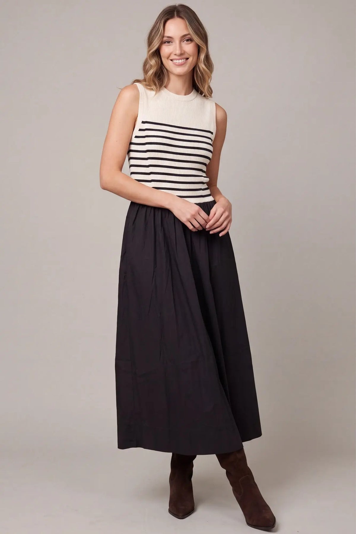 Sleeveless Striped Knit And Woven Combo Maxi Dress