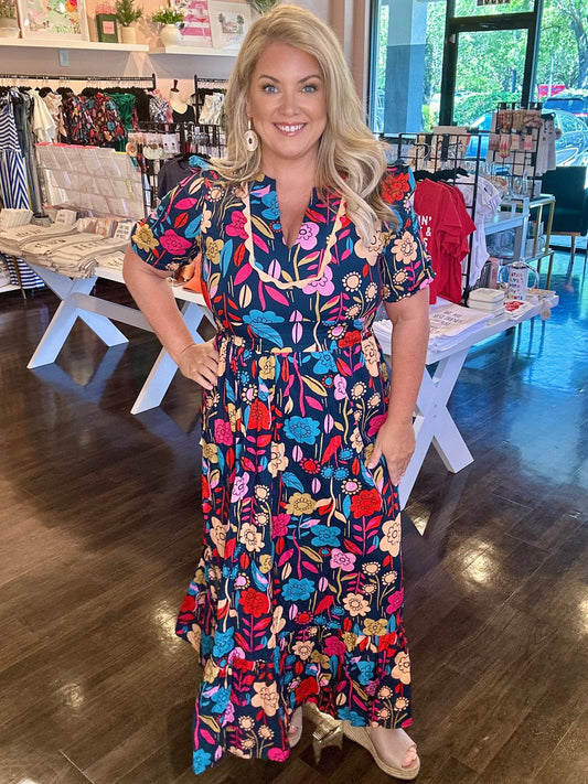 Callie Floral Print Split V Neck Puff Sleeve Maxi Dress The Happy Southerner 