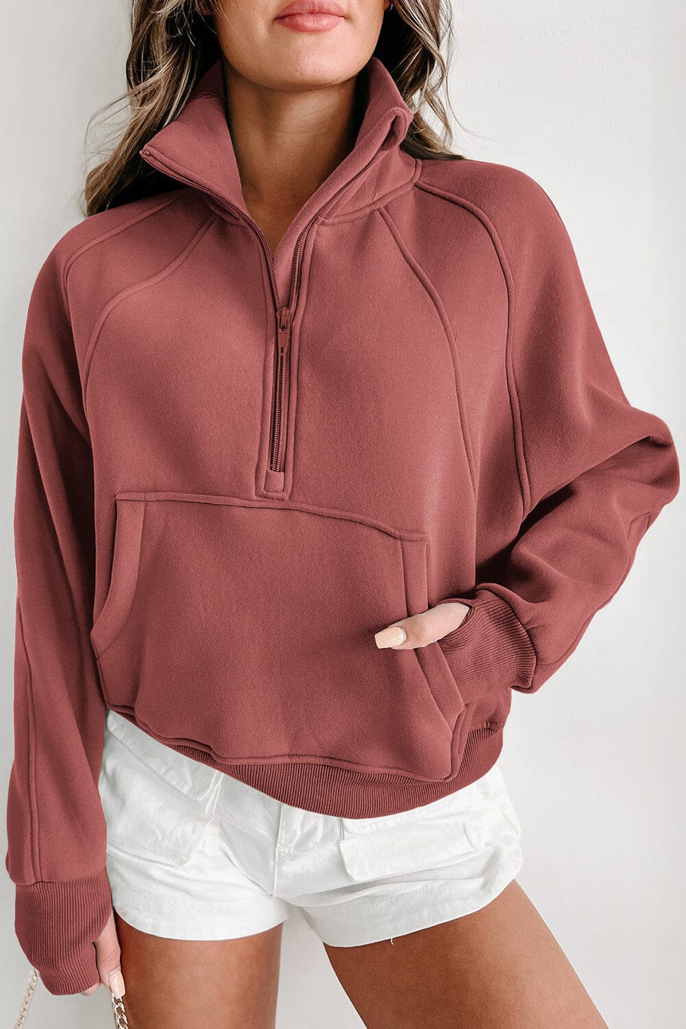 Debby Zip Up Stand Collar Thumbhole Sleeve Sweatshirt The Happy Southerner 