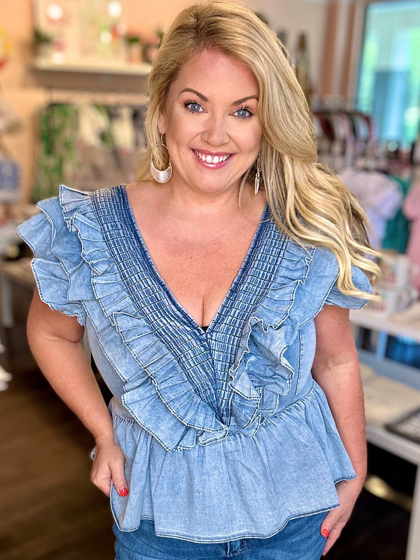 Denim V-Neck Ruffle Top The Happy Southerner 