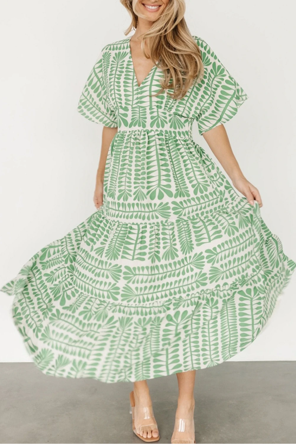 Grass Green Bohemian Leaves Print High Waist Midi Dress The Happy Southerner 