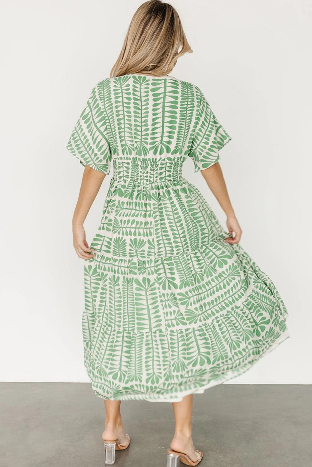 Grass Green Bohemian Leaves Print High Waist Midi Dress The Happy Southerner 