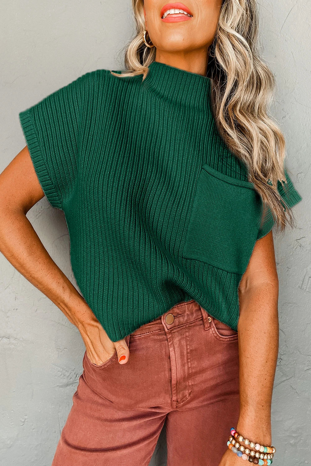 Green Patch Pocket Ribbed Knit Short Sleeve Sweater The Happy Southerner 