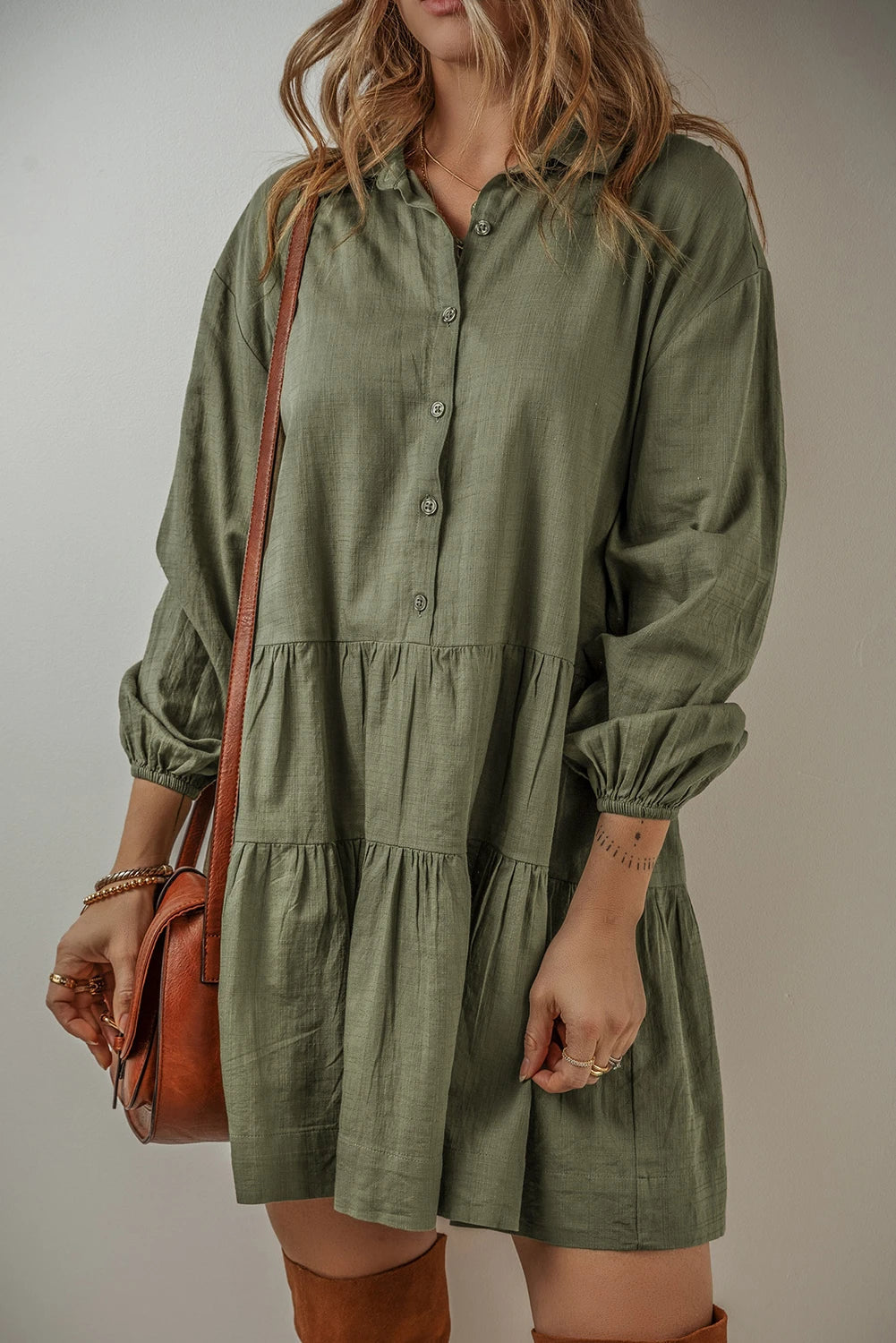 Jungle Green Puff Sleeve Buttoned Tiered Pleated Mini Shirt Dress The Happy Southerner 