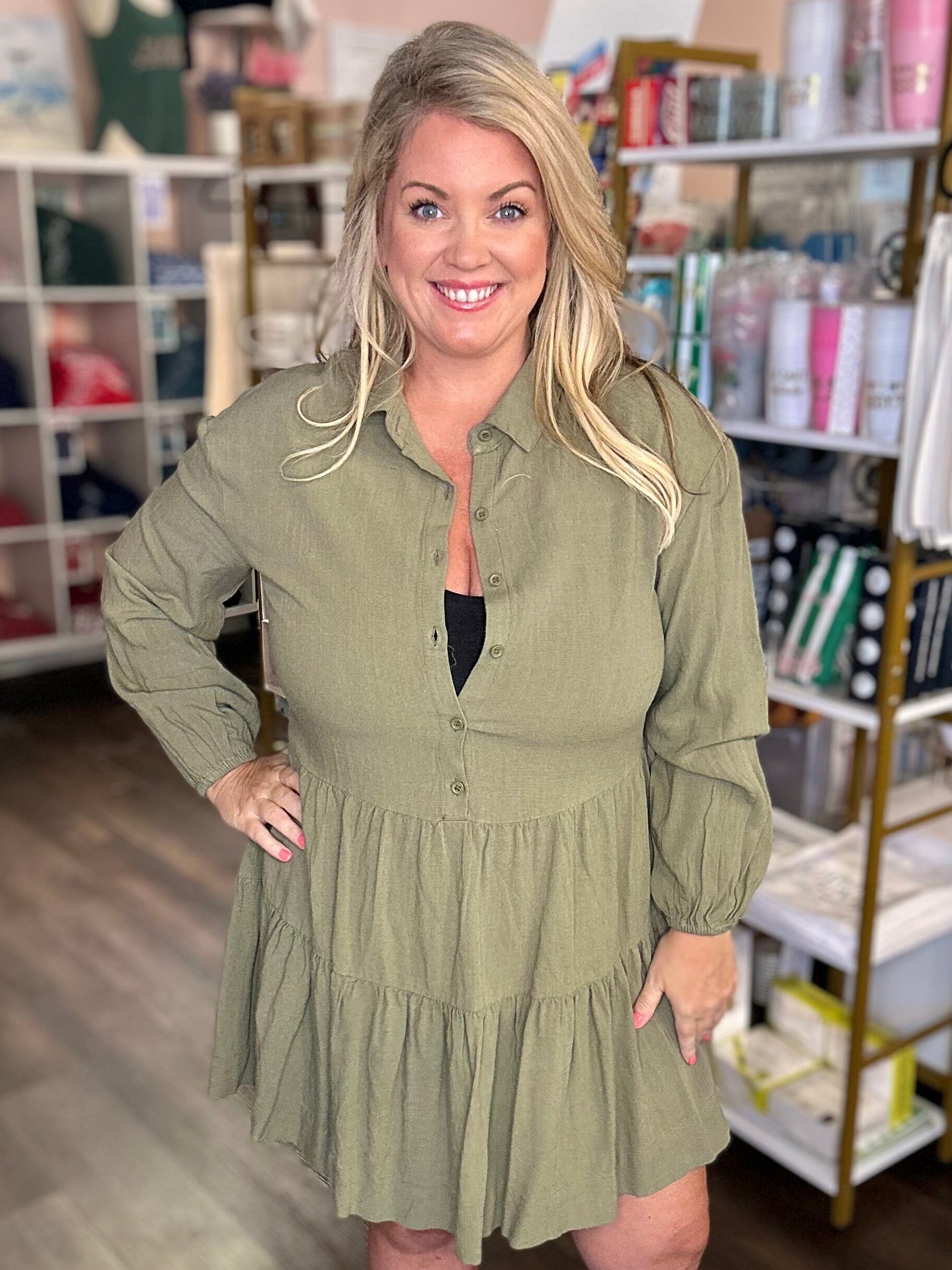 Jungle Green Puff Sleeve Buttoned Tiered Pleated Mini Shirt Dress The Happy Southerner 