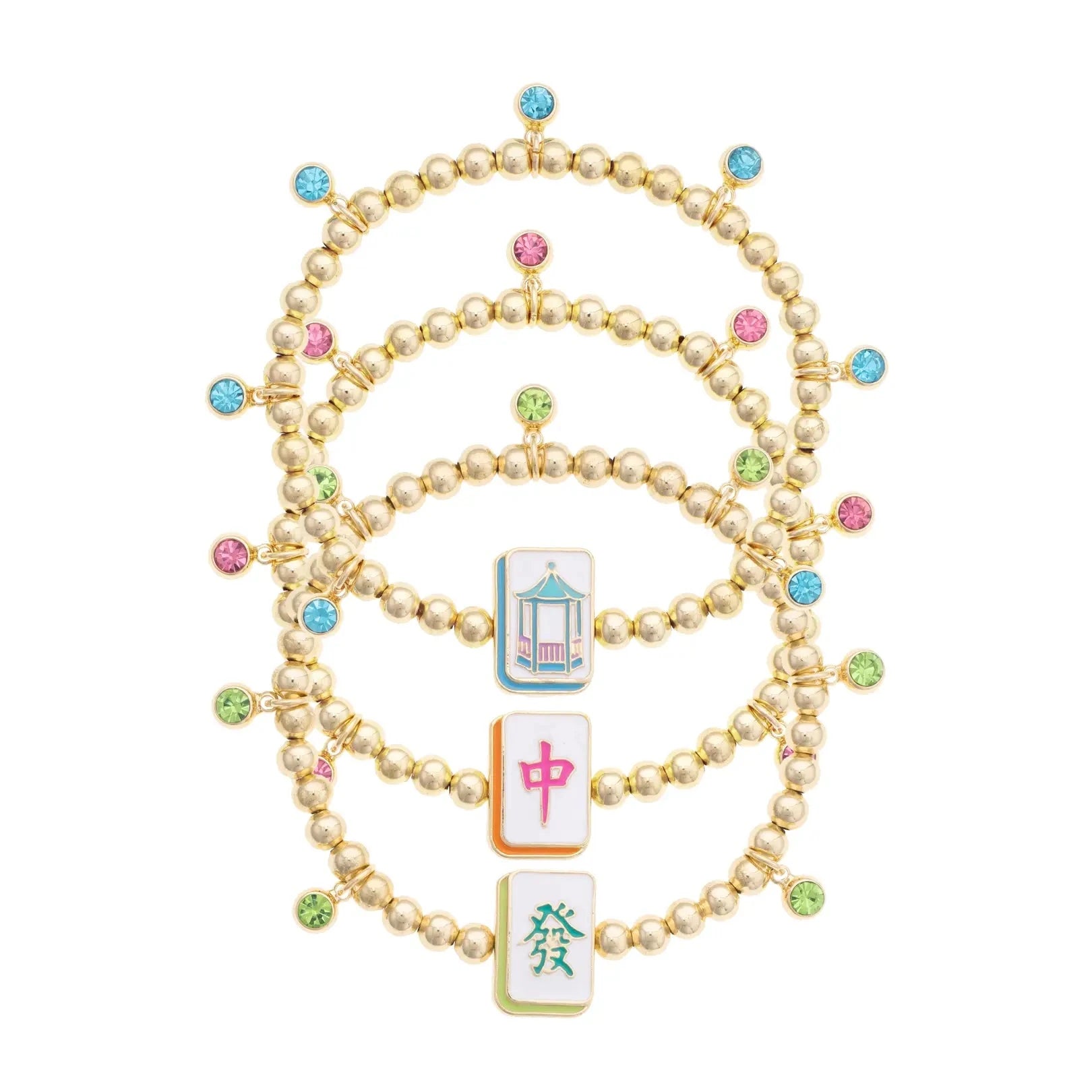 Mahjong Lucky Charms Ball Bead Bracelet Set of 3 in Gold The Happy Southerner 