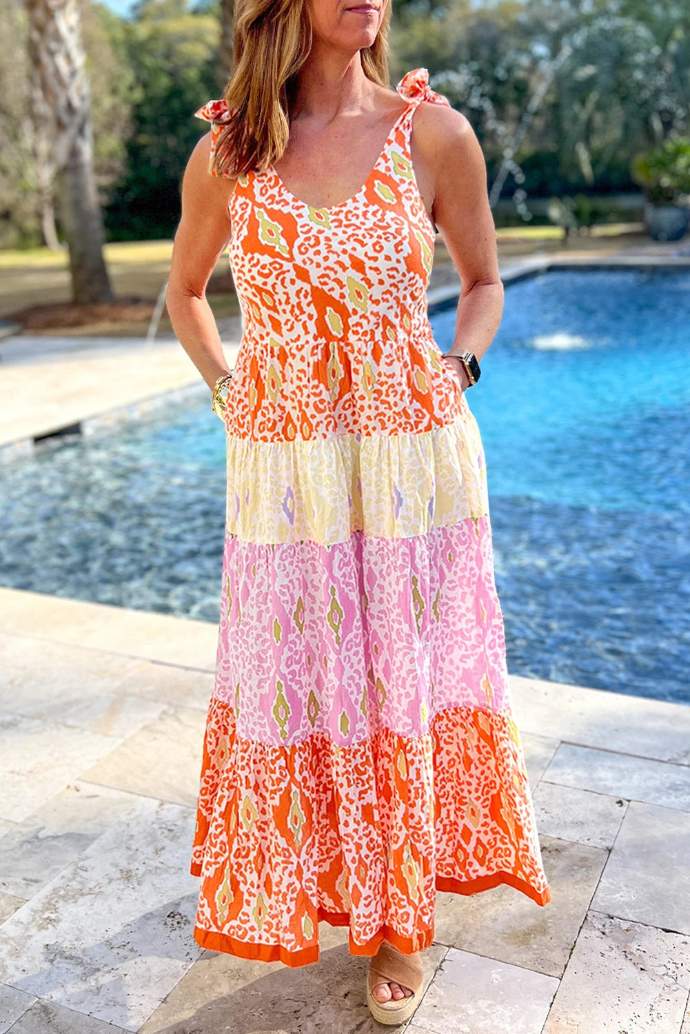 Orange Knotted Straps Leopard Colorblock Tiered Dress The Happy Southerner 