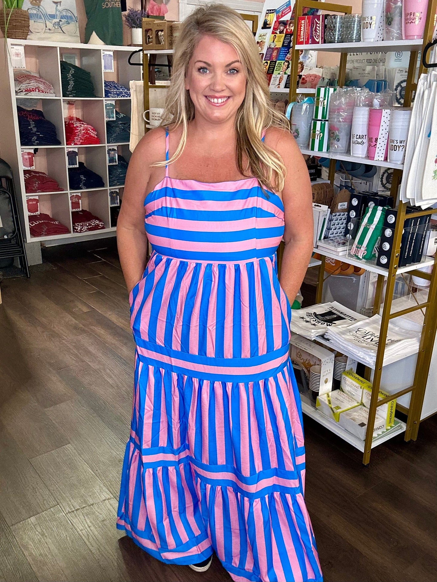 Pink Stripe Print Shirred Backless Pocket Maxi Dress The Happy Southerner 