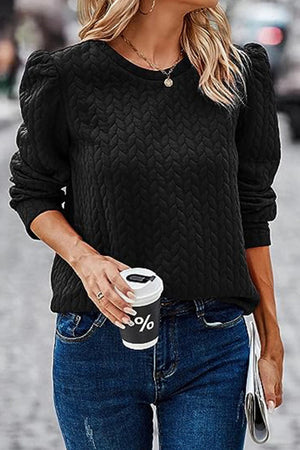 Quinn Black Quilted Puff Sleeve Pullover Sweatshirt