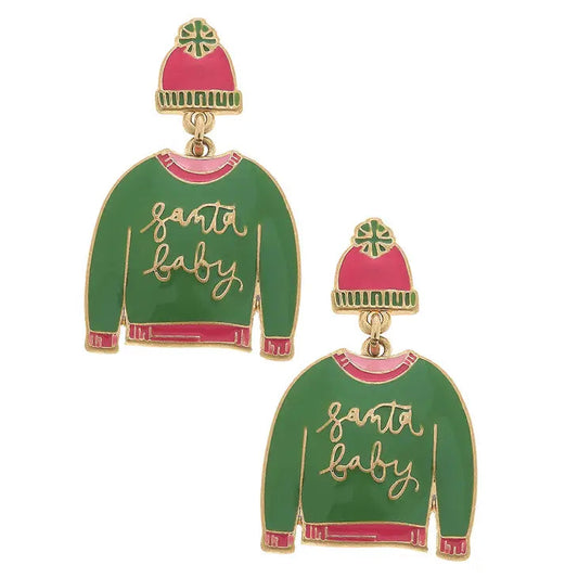 Santa Baby Sweater Enamel Earrings in Green & Fuchsia The Happy Southerner 