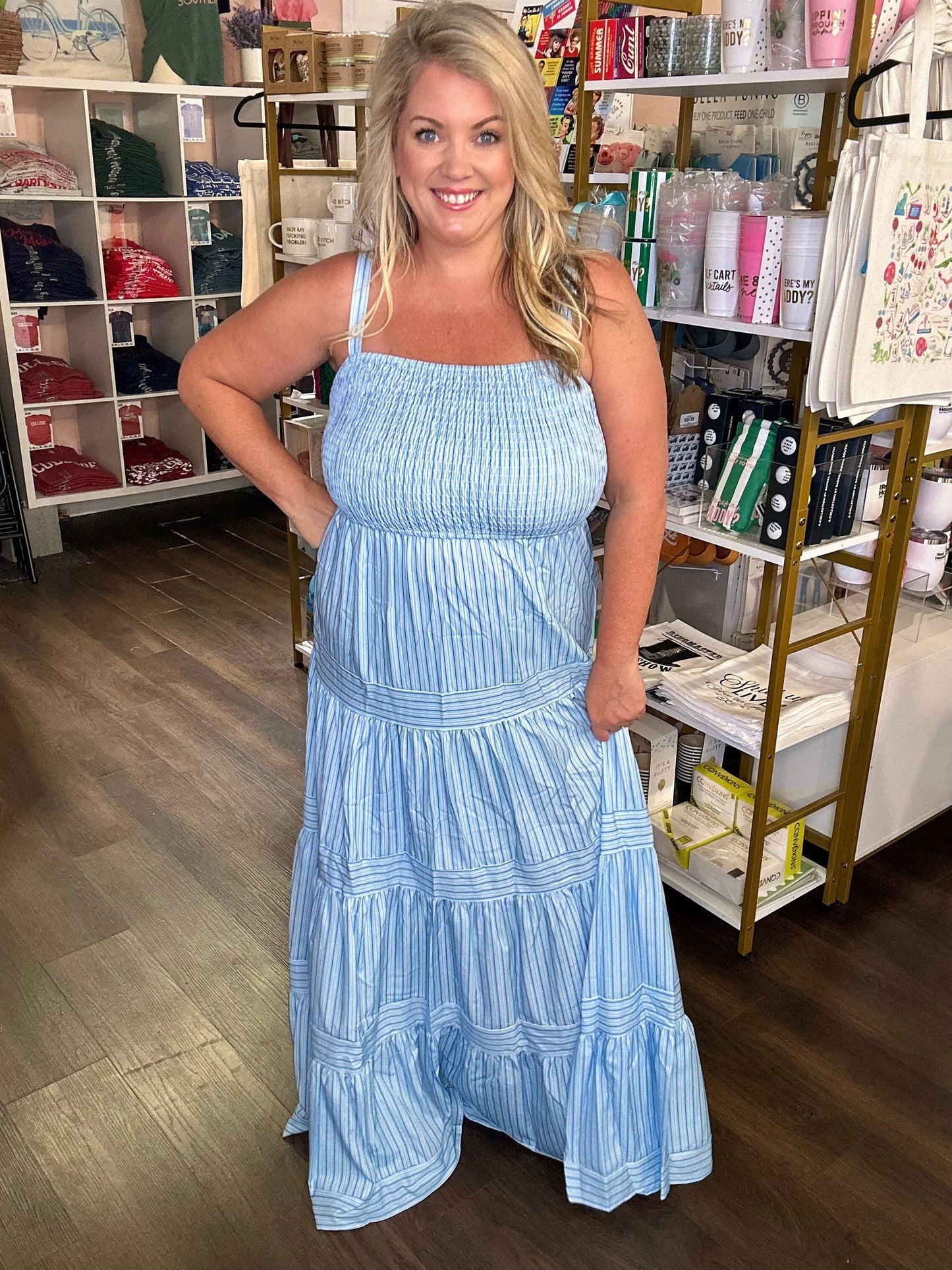 Sky Blue Stripe Shirred Sleeveless Maxi Dress The Happy Southerner 