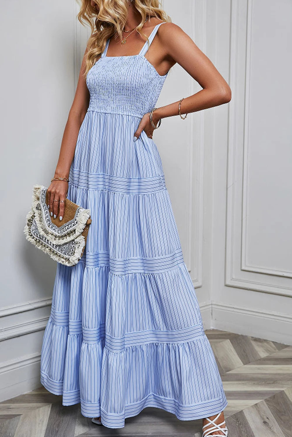 Sky Blue Stripe Shirred Sleeveless Maxi Dress The Happy Southerner 