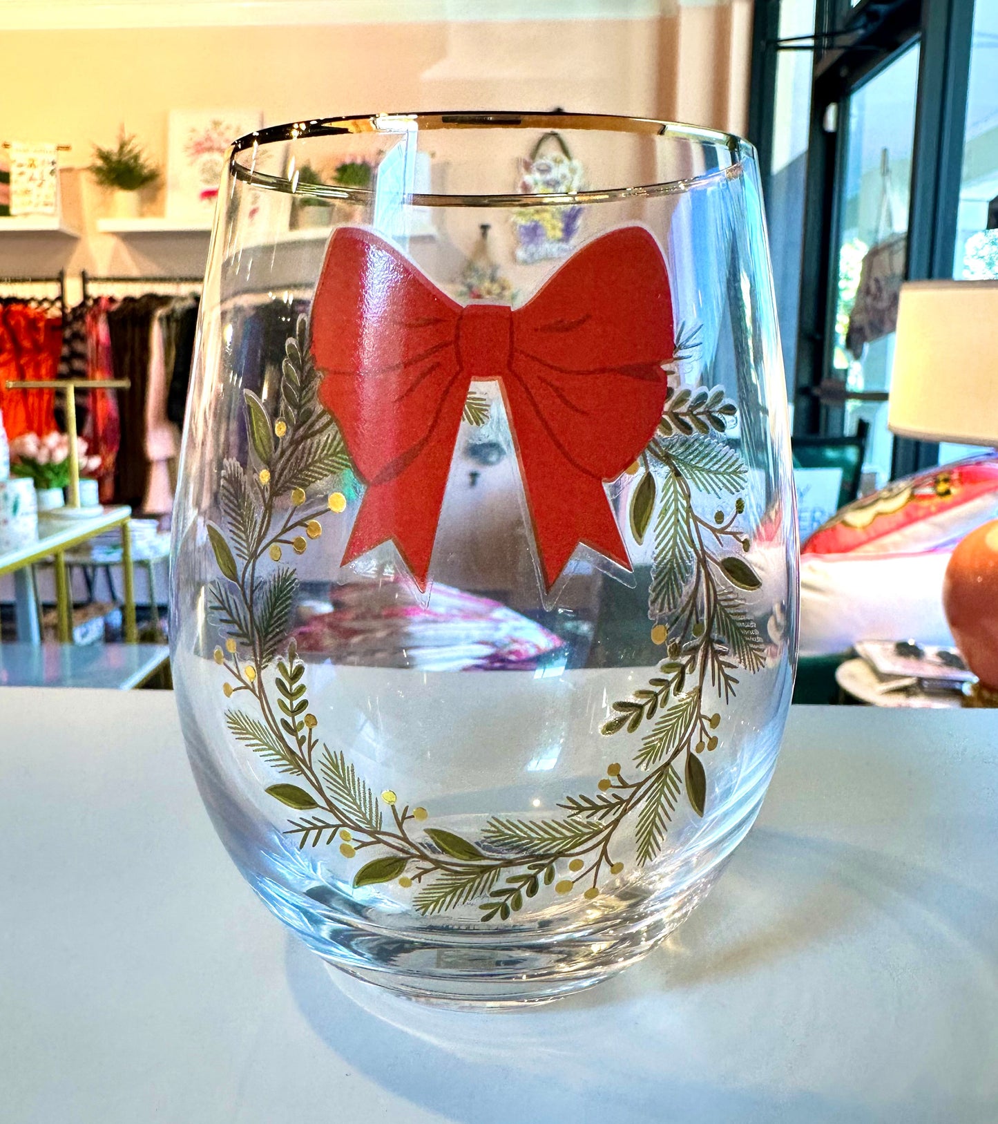 Stemless Wine Glass | Red Bow Wreath The Happy Southerner 