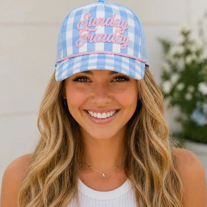 Sunday Funday Gingham Hat – Blue & Pink Embroidered Hat The Happy Southerner 