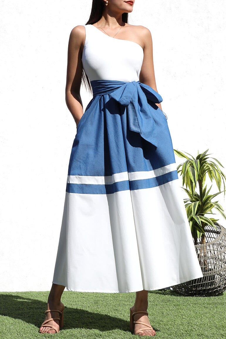 Whitney One Shoulder White & Denim Dress The Happy Southerner 