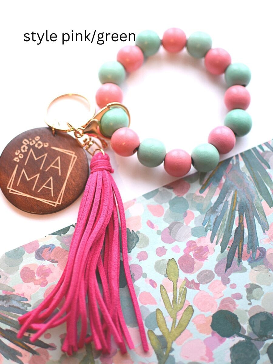 Wood Beaded MAMA Key Ring with Tassel - Pink & Green The Happy Southerner 