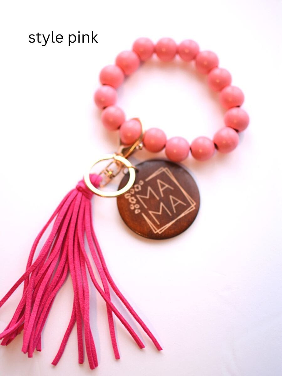 Wood Beaded MAMA Key Ring with Tassel - Pink The Happy Southerner 