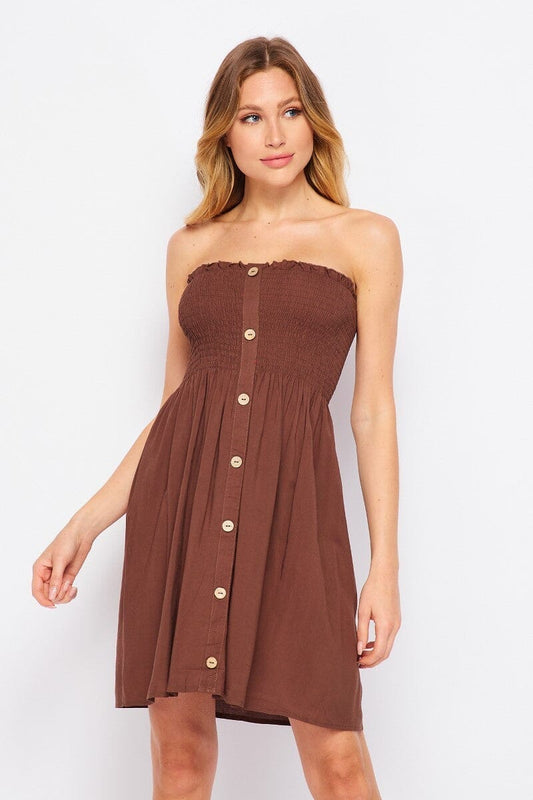 Anna Solid Button Smocked Tube Dress - Burgundy The Happy Southerner 